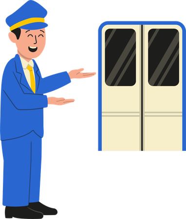 Coach guides passengers to move through door  Illustration
