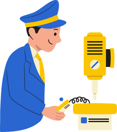Coach of train checks train control machine  Illustration