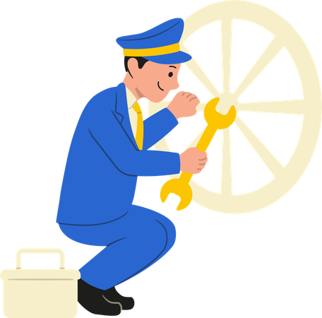 Coach repairs train wheel  Illustration