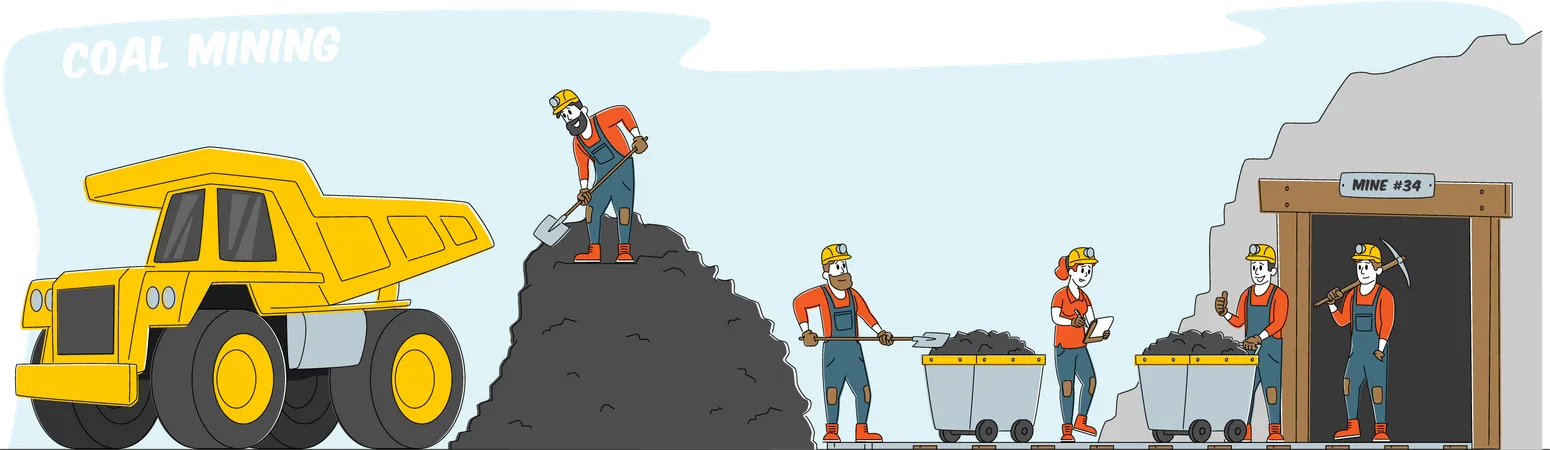 Coal Mining Miner Characters Working On Quarry With Tools Transport And Technique Extraction Industry Technics And Transportation For Quarry Linear People Vector Illustration Illustration