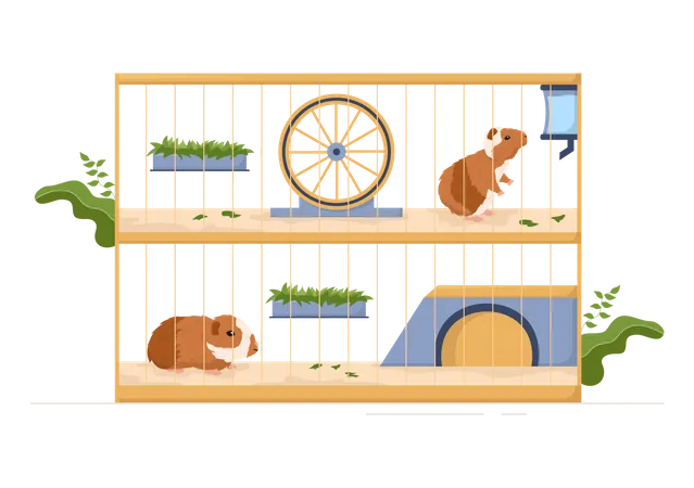 Mascotas de conejillo de indias dentro de la jaula  Ilustración