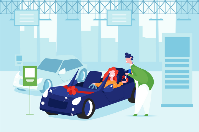 Coche abierto regalando a niña en sorpresa de cumpleaños.  Ilustración