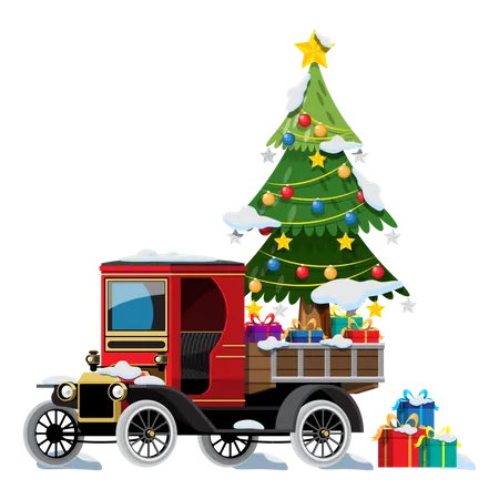 Feliz Navidad Ilustracion Vectorial Camioneta Retro Estilo Vintage Con Arbol De Navidad Ensamblados En Diseno Grafico Carteles Publicitarios Volantes Pancartas Sitios Web Y Celebraciones De Tarjetas De Invitacion Ilustración
