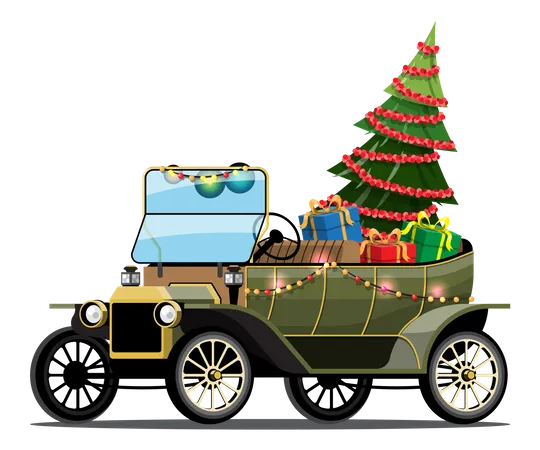 Feliz Navidad Ilustracion Vectorial Camioneta Retro Estilo Vintage Con Arbol De Navidad Ensamblados En Diseno Grafico Carteles Publicitarios Volantes Pancartas Sitios Web Y Celebraciones De Tarjetas De Invitacion Ilustración