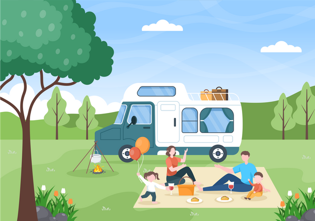 Coche de acampada a la aventura  Ilustración