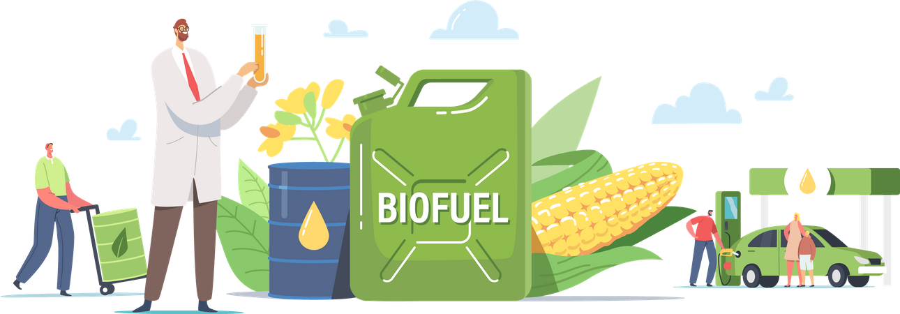 Coche de reabastecimiento de combustible con biocombustible en la estación  Ilustración