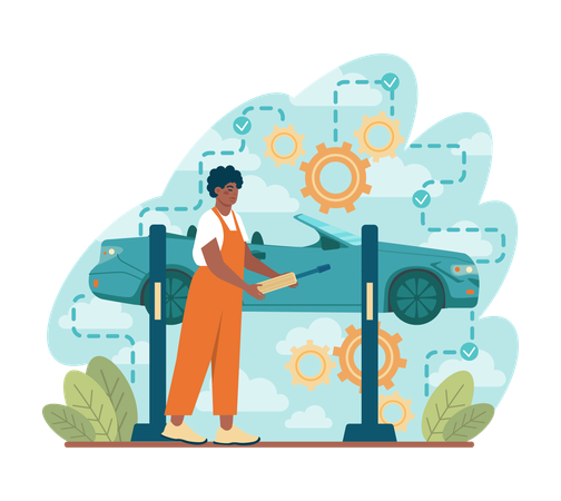 Coche de reparación masculino negro usando profesional  Ilustración