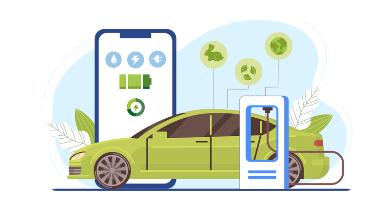 Coche eléctrico cargándose en una estación EV  Ilustración