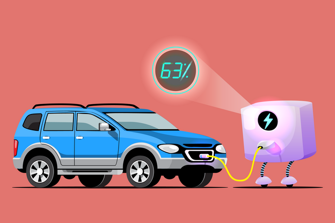 Coche eléctrico en la estación de carga  Ilustración