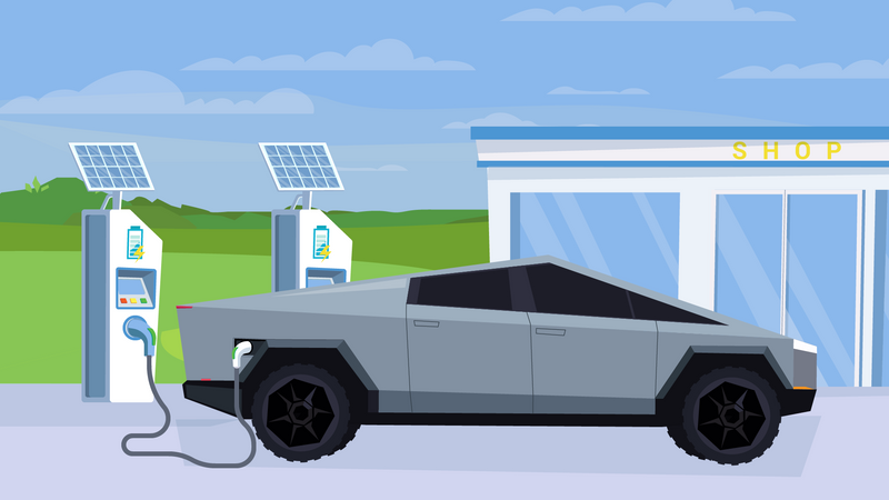 Coche eléctrico en la estación de carga  Ilustración