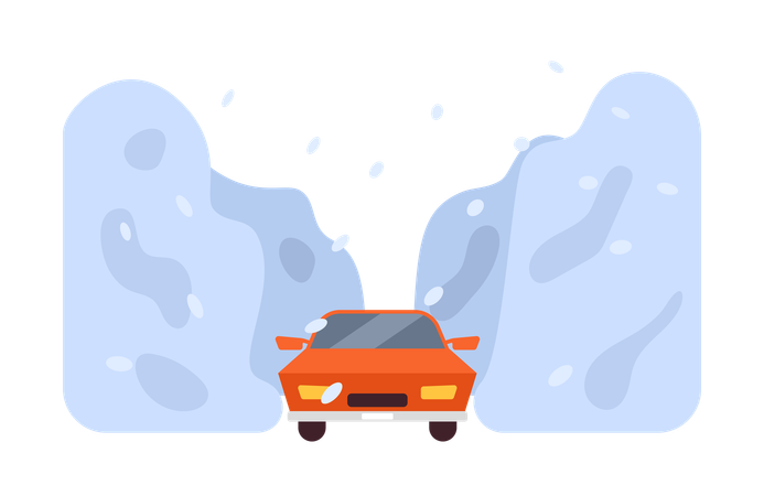 Coche corriendo en medio de una fuerte tormenta de nieve.  Ilustración