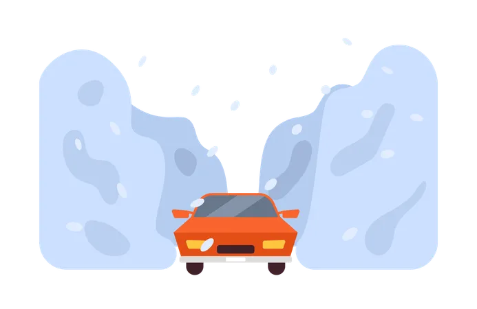 Coche corriendo en medio de una fuerte tormenta de nieve.  Ilustración