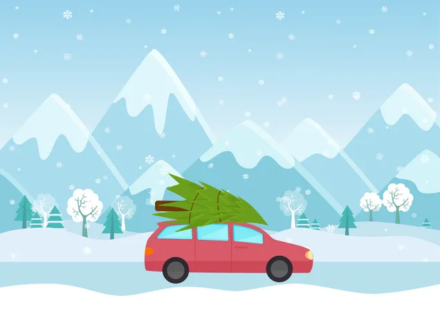 Coche llevando arbol de navidad  Ilustración