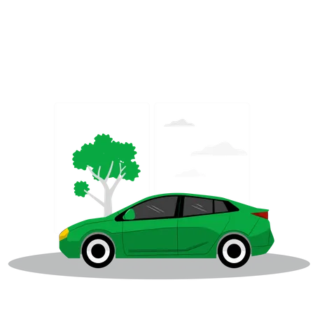 Coche verde estacionado cerca de un árbol  Ilustración