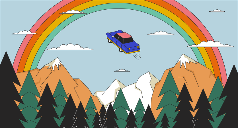 Coche volador psicodélico en el cielo del arco iris  Ilustración