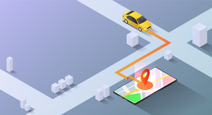 El coche va a señalar la aplicación de mapas GPS en el teléfono inteligente  Ilustración