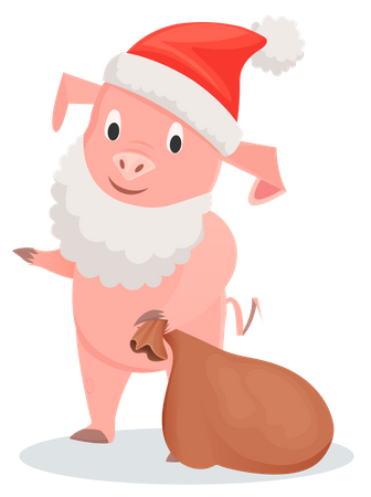 Cochon à barbe blanche et chapeau rouge avec sac marron  Illustration