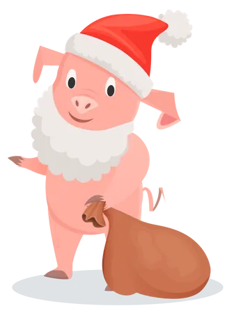 Cochon à barbe blanche et chapeau rouge avec sac marron  Illustration