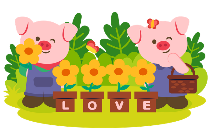 Couple de cochons avec pot de fleur de soleil dans le parc  Illustration