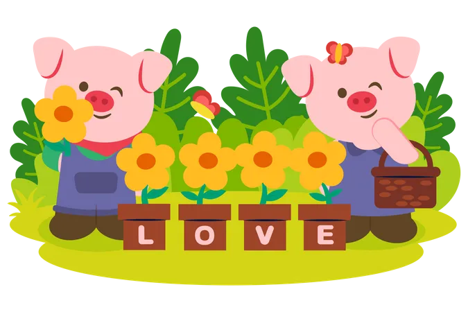 Couple de cochons avec pot de fleur de soleil dans le parc  Illustration