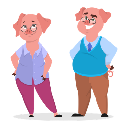 Couple de cochons dans des vêtements  Illustration