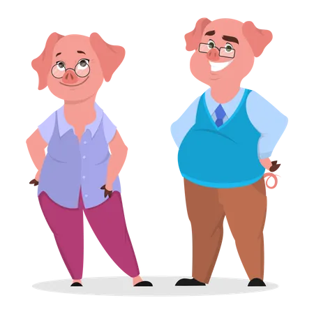 Couple de cochons dans des vêtements  Illustration