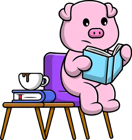 Livre de lecture de cochon sur chaise  Illustration