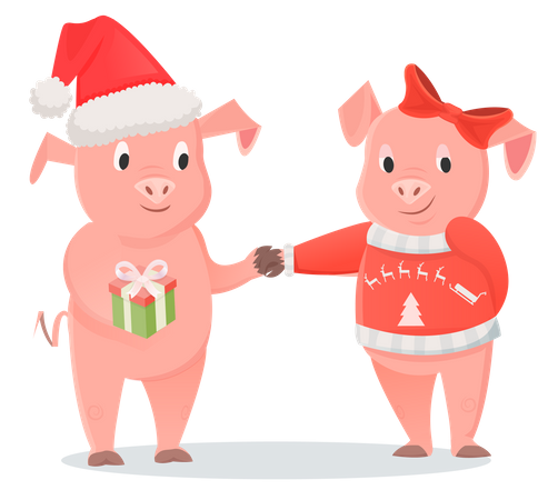 Cochon petite amie et petit ami en bonnet de Noel et arc échangent des cadeaux  Illustration