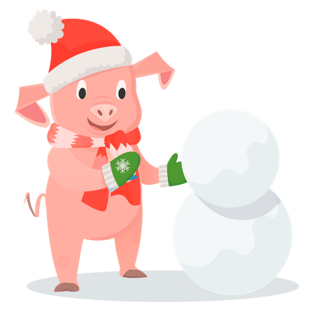 Cochon souriant faisant un bonhomme de neige  Illustration