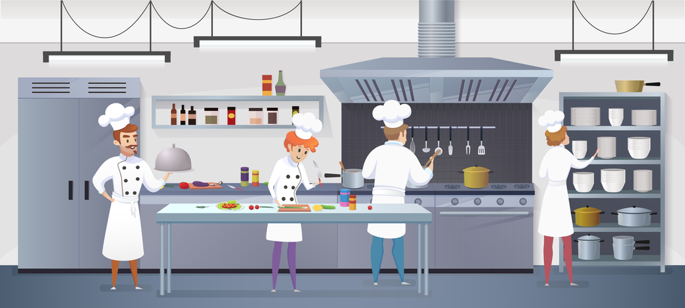 Cocina comercial con personajes de dibujos animados Chef Cook Dish Dinner  Ilustración