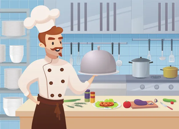 Cocina comercial con personajes de dibujos animados Chef Cook Dish Dinner  Ilustración