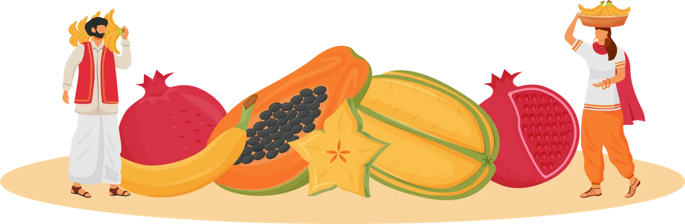 Cocina india, servida con frutas tropicales.  Ilustración