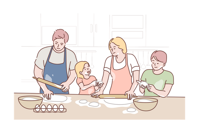 Cocinar en familia en la cocina juntos  Ilustración