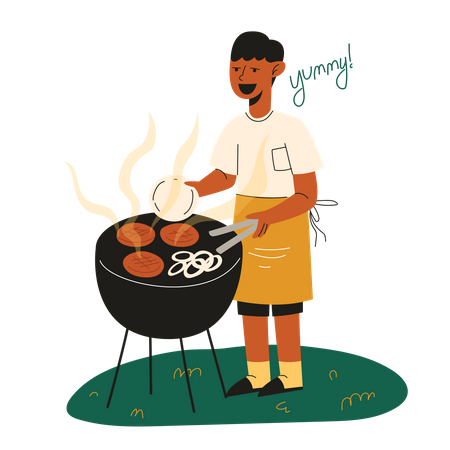 Cocinar hamburguesa en una barbacoa  Ilustración