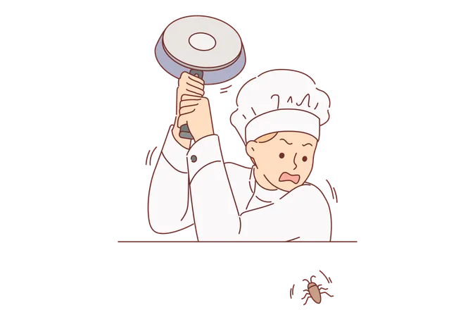 Cocinero de restaurante mata a una cucaracha que se arrastra sobre la mesa de la cocina  Ilustración