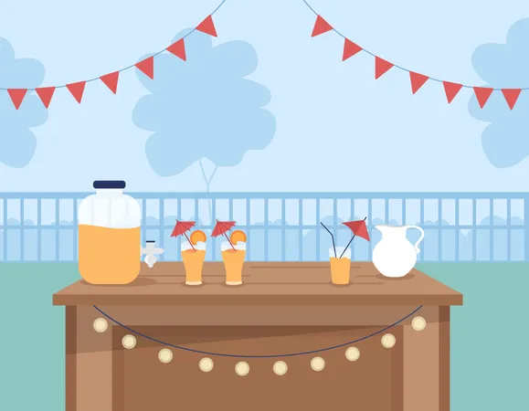 Cocktail Party Venue Flat Color Vector Illustration Serving Mixed Summertime Drinks Place For Social Gatherings Rooftop Terrace 2 D Cartoon Cityscape With Festive Decorations On Background イラスト