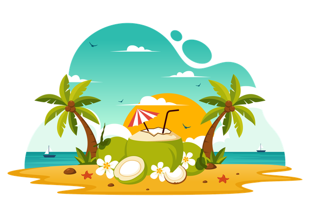 Coconut drink with sunset view  Illustration