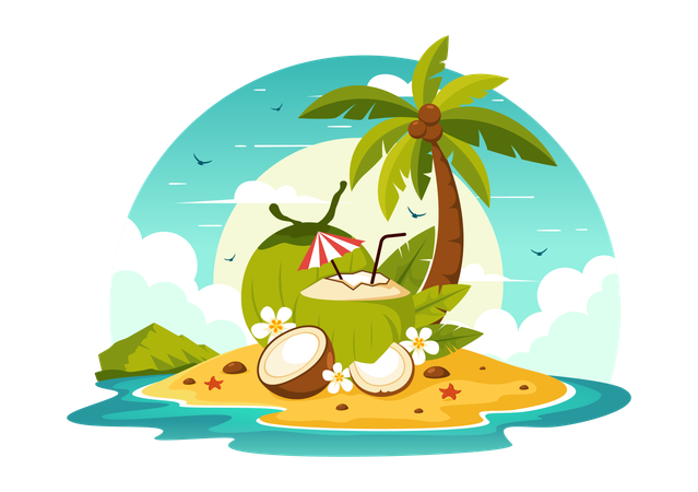 Coconut with Tropical leaves  Illustration