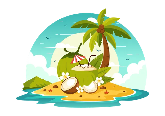 Coconut with Tropical leaves  Illustration