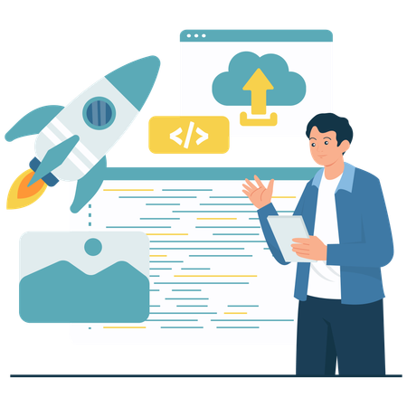 Coder doing App Launch Programming Illustration