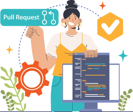 Coder pulls request in coding  Illustration