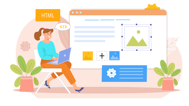 Coder uses HTML programming language while developing website Illustration