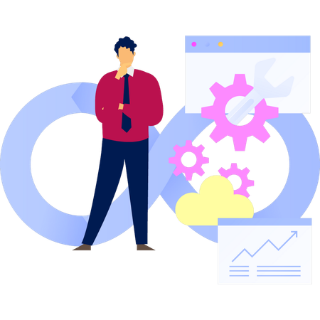 Coder trabaja en la configuración de DevOps  Ilustración