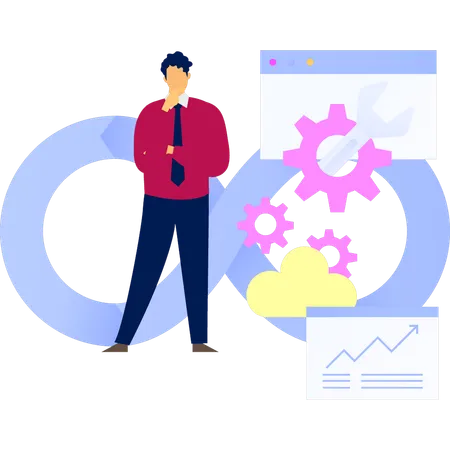 Coder trabaja en la configuración de DevOps  Ilustración