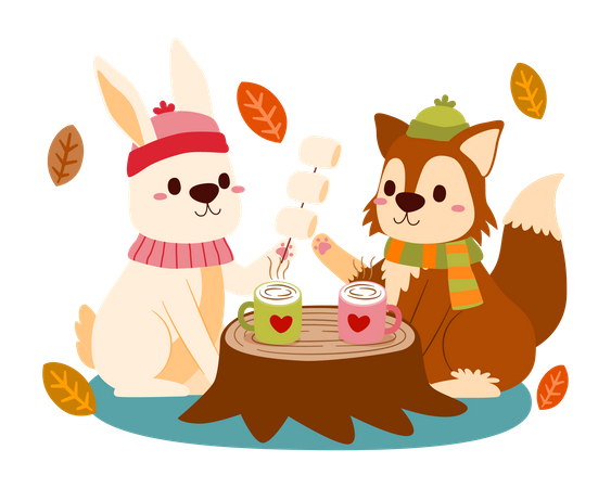 Coelho e raposa comemoram o outono  Ilustração