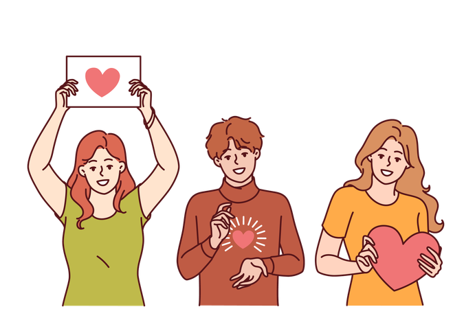 Coeurs dans les mains des gens montrant le symbole de gratitude et de charité  Illustration
