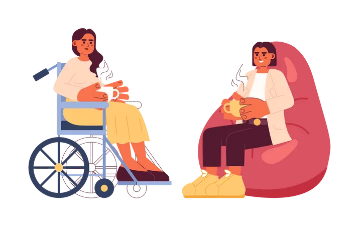 Coffee Break At Work Cartoon Flat Illustration Wheelchair Woman Holding Coffee Lady Relaxing In Bean Chair 2 D Characters Isolated On White Background Lunchtime Diverse Scene Vector Color Image Illustration