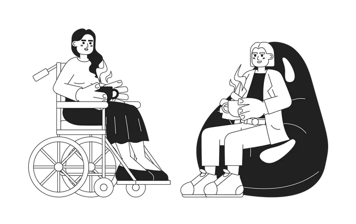 Coffee Break At Work Black And White Cartoon Flat Illustration Wheelchair Woman With Coffee Lady Relaxing In Bean Chair Linear 2 D Characters Isolated Lunch Diverse Monochromatic Scene Vector Image Illustration