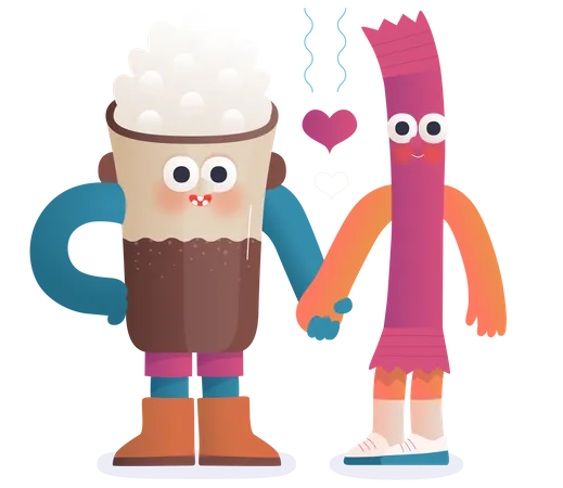 Coffee cappuccino and a stick of sugar in love  Illustration