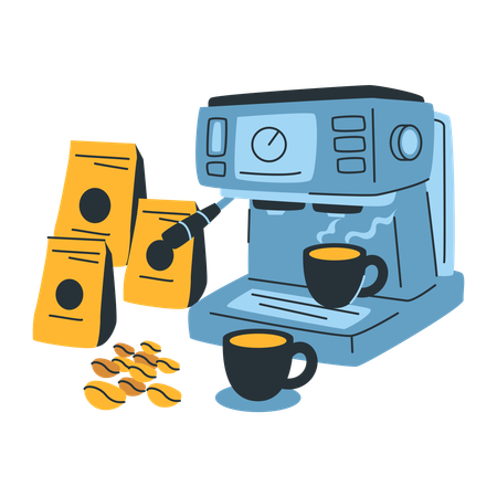 Coffee Machine With Cups And Beans  Illustration
